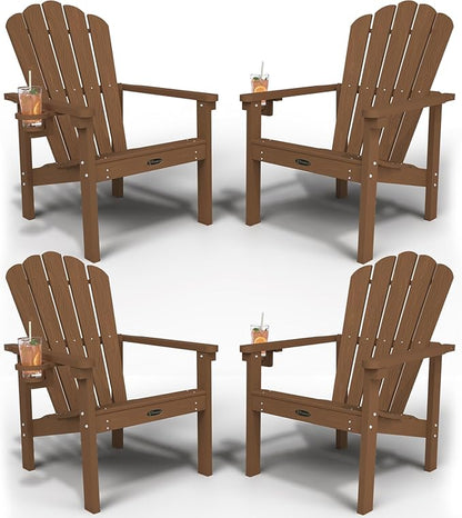 Stackable Adirondack Chair Set of 4, HDPE All-Weather Adirondack Chairs - Durable and Space Saving, Plastic Outdoor Fire Pit Chairs with Cup Holder,Wood