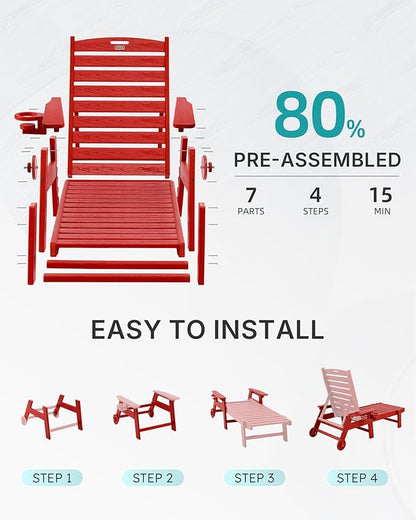 Chaise Lounge Chair Outdoor with Wheels, Oversize Patio Lounge Chairs with Wood Texture, 5-Position Plastic Lounge Chairs Set of 2-Red(Separate Delivery)