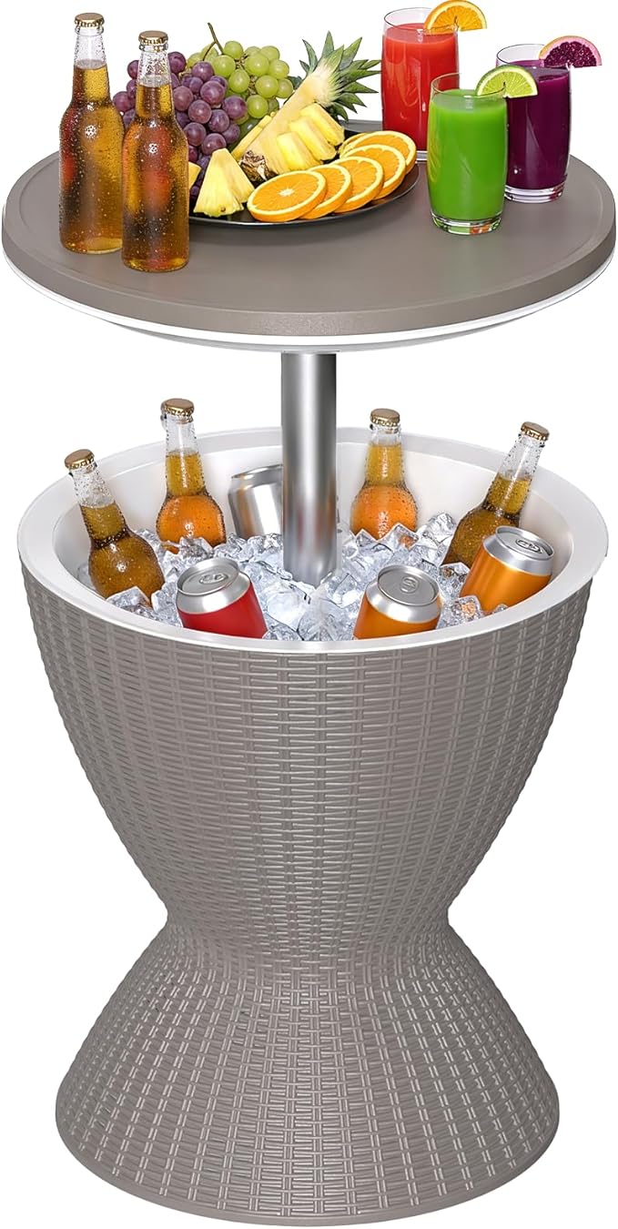 EFU Cooler Table, 8 Gallon Cooler Bar Table, Adjustable Height Multi-Functional Outdoor Cool Bar for Drinks Beer & Wine, with Drain Plug, Patio Furniture for Backyard, Pool, BBQ & Party (Light Brown)
