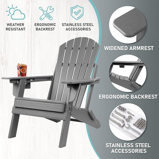 FUNBERRY Folding Adirondack Chairs Set of 4 with Adjustable Backrest, HDPE All Weather Fire Pit Chairs with Cup Holder