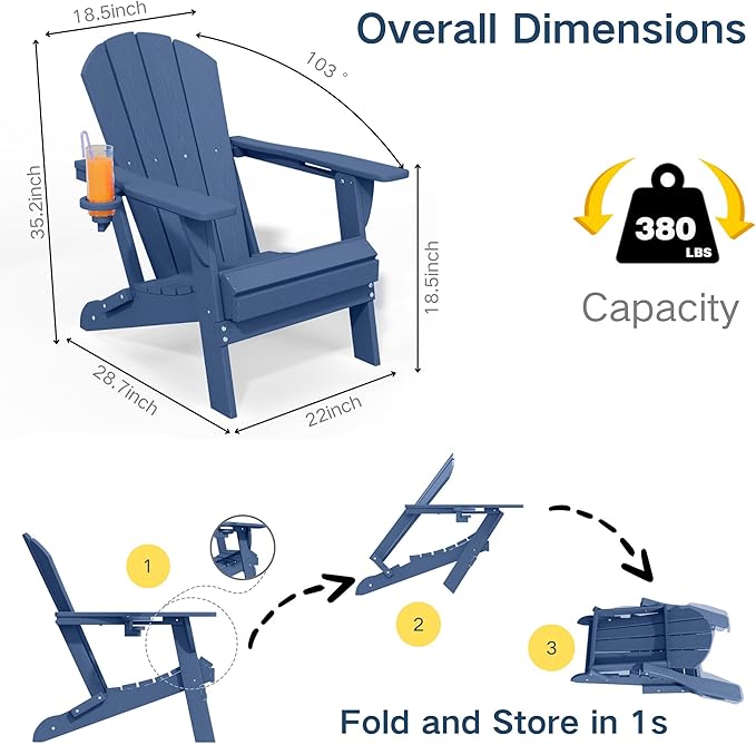 Foldable Adirondack Chair with Cup Holder-Heavy Duty Recycled HDPE Outdoor Patio Furniture, Weather Resistant Deck Lawn Fire Pit Chair (Navy, 4 Chair)
