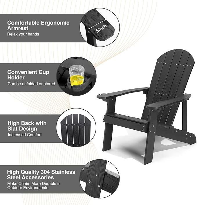 Adirondack Chairs Set of 4, All Weather Resistant Plastic Chairs with Cup Holder, 5 Easy Steps to Install, Outdoor Chairs for Patio, Garden, Backyard Deck, Lawn, Fire Pit - Black