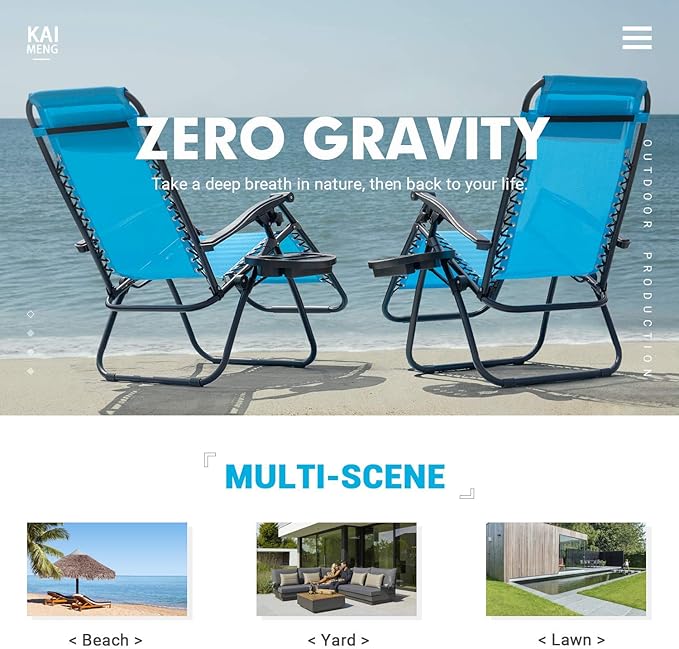 Kemon Zero Gravity Folding Lounge Outdoor Patio Adjustable Reclining Chair with Pillows and Cup Holders for Beach Set of 2, Blue, KM-CLB