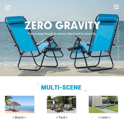 Kemon Zero Gravity Folding Lounge Outdoor Patio Adjustable Reclining Chair with Pillows and Cup Holders for Beach Set of 2, Blue, KM-CLB