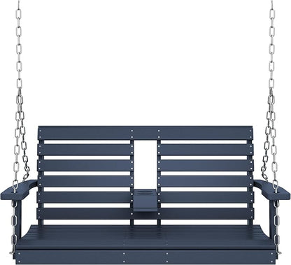 KINGYES Outdoor Hanging Porch Swing, 2 Seat Patio Swing Chair with Cup Holders, Waterproof Swing Chair Bench for Courtyard & Garden, 660LBS Weight Capacity, Blue