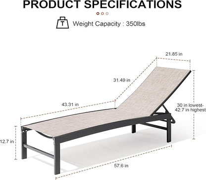 Crestlive Products Chaise Lounge Chair Outdoor, Adjustable 5 Positions Pool Tanning Recliner, Outdoor Lounge Furniture Perfect for Patio, Beach, Yard, Pool