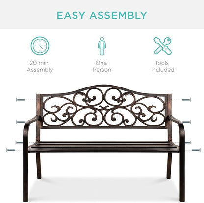 Best Choice Products 50in Classic Steel Garden Bench Chair Furniture for Outdoor, Patio, Yard, Lawn w/Floral Scroll Design - Bronze