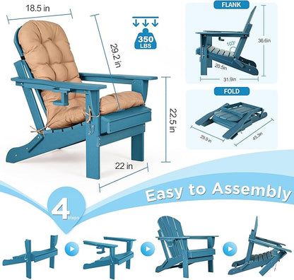 nalone Folding Adirondack Chairs Set of 2 with Cushion with Cup Holder, HDPE Plastic Oversized Patio Chair Weather Resistant, Used in Outdoor, Fire Pit, Deck, Garden, Campfire Chairs (Blue)