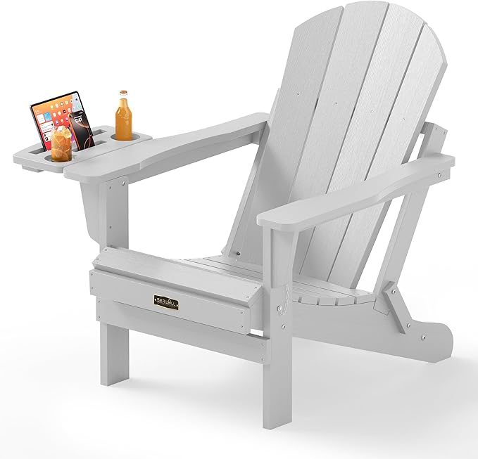 SERWALL Folding Adirondack Chair, Patio Adirondack Chairs with 4 in 1 Multi-Functional Cup Holder, Wooden Textured, All Weather Plastic Fire Pit Chair for Outdoor, Garden, Backyard, Deck- Spanish Gray