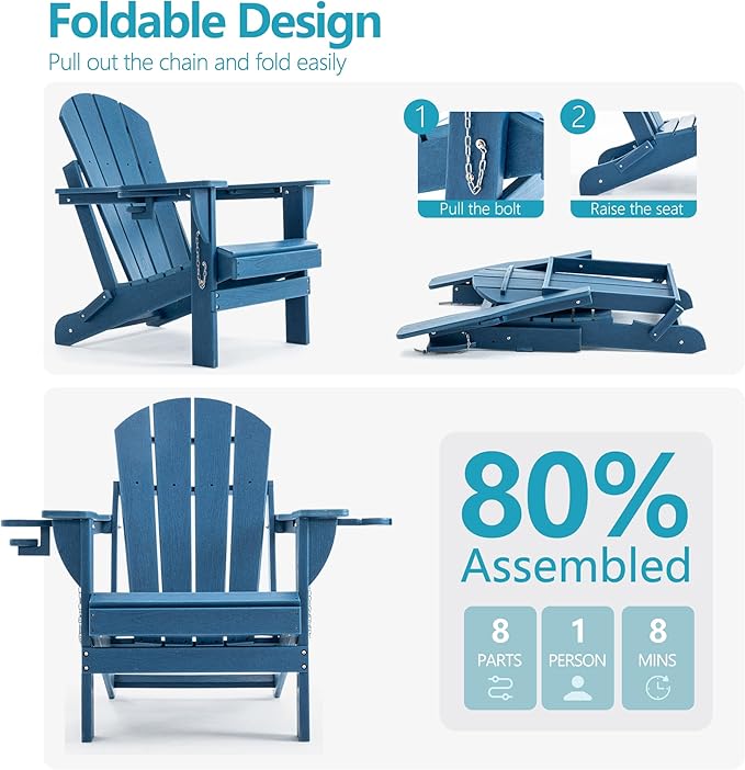 Folding Outdoor Adirondack Chairs Set of 2 with High&Reclining Back-HDPE Weather Resistant Patio Chairs with Cup and Phone Holder for Patio,Fire Pit, Garden and Backyard