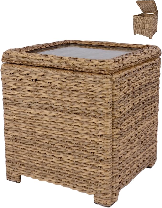 Laguna Point Outdoor Wicker Side Table, All-Weather HDPE Rattan Flip Top Storage Table with Tempered Glass, Patio Center Table for Pool Balcony, Tan