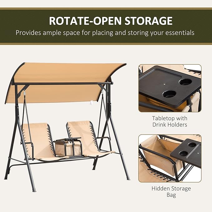Outsunny 2-Seat Patio Swing Chair, Outdoor Canopy Swing Glider with Pivot Storage Table, Cup Holder, Adjustable Shade - Photo 5