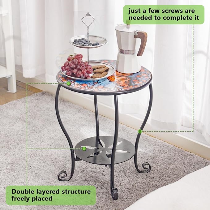 Outdoor Side Table Mosaic Patio Small End Table Metal Coffee Tea Accent Table for Patio Living Room Bedroom Yard Porch - Photo 6