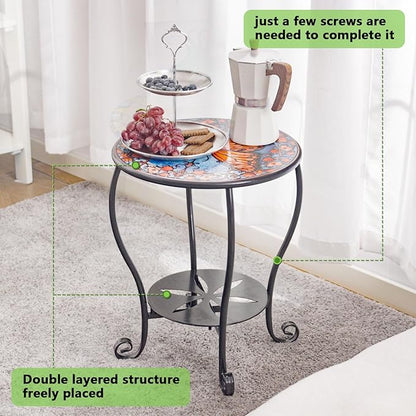Outdoor Side Table Mosaic Patio Small End Table Metal Coffee Tea Accent Table for Patio Living Room Bedroom Yard Porch Garden (Red Butterfly)
