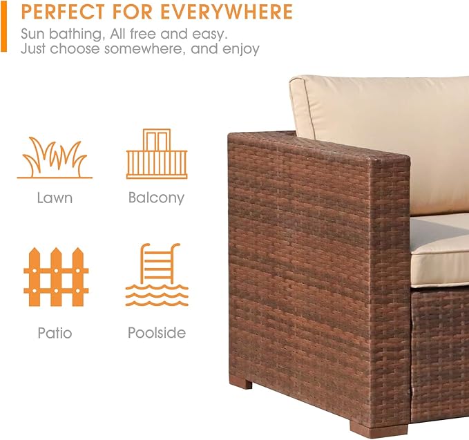 Patiorama Outdoor Wicker Loveseat 2 Pieces, All Weather Brown PE Rattan Sectional Corner Sofa Set - Photo 7