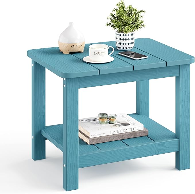 18" Outdoor Side Table, 2-Tier Patio Side Table, Weather Resistant, Easy Assembled, HIPS Adirondack Side Table for Backyard, Pool, Indoor (Lake Blue)