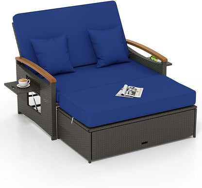 Tangkula Patio Rattan Daybed with 4-Level Adjustable Backrest, Outdoor Wicker Loveseat with Acacia Wood Armrest, Storage Ottoman & Folding Tray, Double Sunbed for Balcony, Backyard & Poolside (Navy)