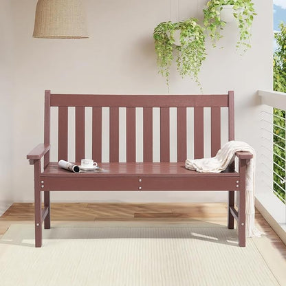 COBANA Outdoor Garden Bench, All Weather HDPE Patio Porch Bench with Faux Wood Grain Pattern, 2-Person Seat for Lawn, Park, Backyard, Entryway, Brown