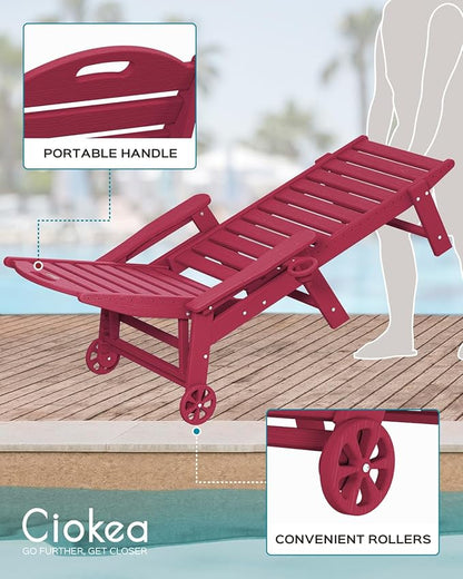 Chaise Lounge Chair Outdoor with Wheels, Adjustable 5-Position Chaise Lounge Outdoor with Wood Texture, Patio Lounge Chair for Poolside Backyard, Red