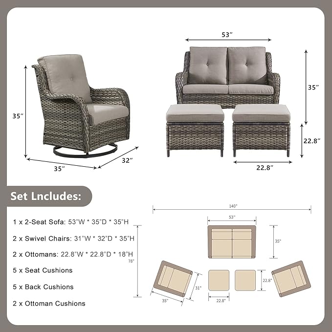Rilyson Wicker Patio Furniture Set - 5 Piece Rattan Outdoor Sectional Conversation Sets with 2 Rocking Swivel Chairs - Photo 2
