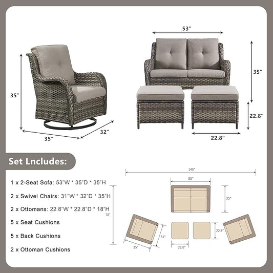 Rilyson Wicker Patio Furniture Set - 5 Piece Rattan Outdoor Sectional Conversation Sets with 2 Rocking Swivel Chairs,2 Ottomans and 1 Loveseat for Porch Deck Garden(Mixed Grey/Grey)