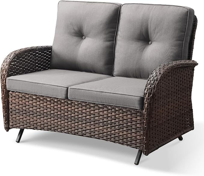 Patio Loveseat Wicker Loveseat Rattan Glider Sofa with Curved Armrest Thicking Back & Seat Cushions for Garden Balcony - Photo 6