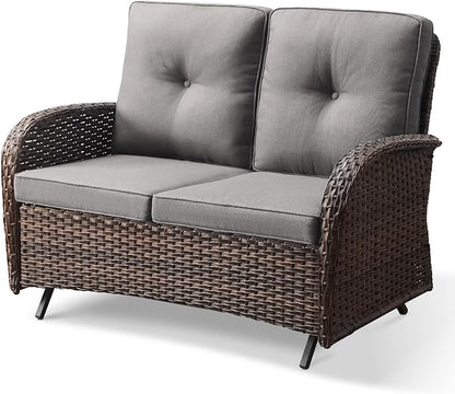 Patio Loveseat Wicker Loveseat Rattan Glider Sofa with Curved Armrest Thicking Back & Seat Cushions for Garden Balcony Backyard Brown Wicker|Grey Cushions (B) Patio Loveseat Glider