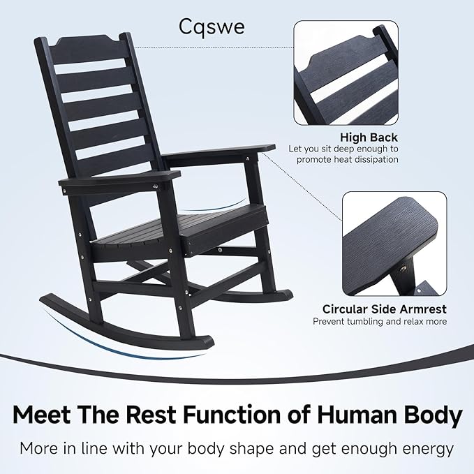 Rocking Chair Set of 2,All Weather Courtyard for Outside Balcony Gardens，High Back Outdoor Rocking Chair with 360lbs，Black