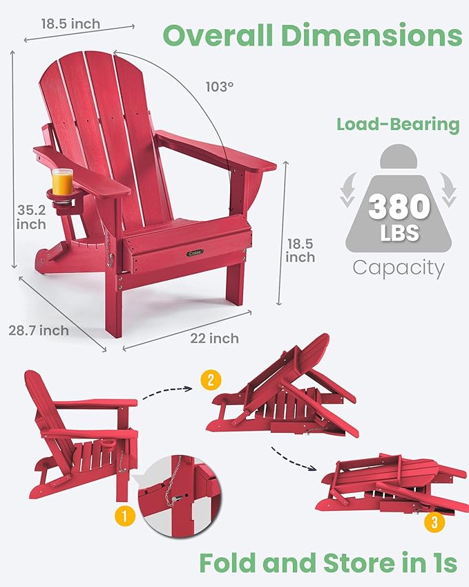 Ciokea Folding Adirondack Chair 2 Pack, Patio Adirondack Chair Weather Resistant, Plastic Fire Pit Chair with Cup Holder - Photo 3