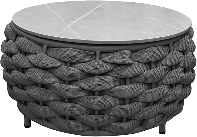 TWT Outdoor Coffee Table for Patio Table Rope Patio Coffee Table Lawn Garden Small Coffee Table with Rock Slab Top All-Weather, 25.6in(Textilene Rope, Dark Grey)