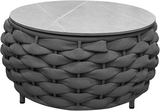 TWT Outdoor Coffee Table for Patio Table Rope Patio Coffee Table Lawn Garden Small Coffee Table with Rock Slab Top All-Weather, 25.6in(Textilene Rope, Dark Grey)