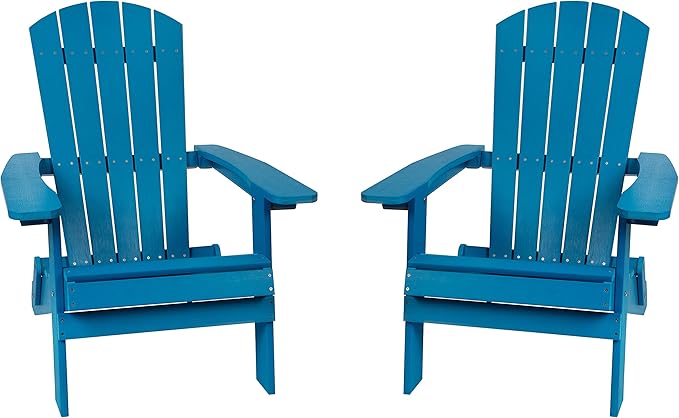 Flash Furniture Charlestown Folding Adirondack Chair - Blue - Poly Resin - Indoor/Outdoor - Weather Resistant - Set of 2