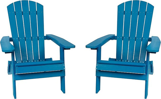 Flash Furniture Charlestown Folding Adirondack Chair - Blue - Poly Resin - Indoor/Outdoor - Weather Resistant - Set of 2