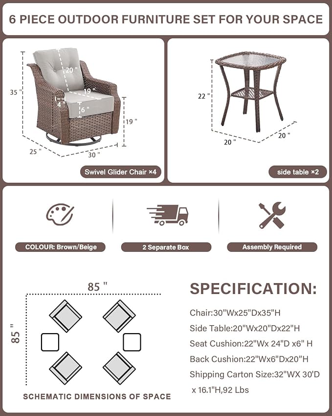 Belord Luxury 6-inch Thick Cushion Patio Furniture Set - Outdoor Swivel Rocker Glider Chairs Set of 4 with Glass Top - Photo 2