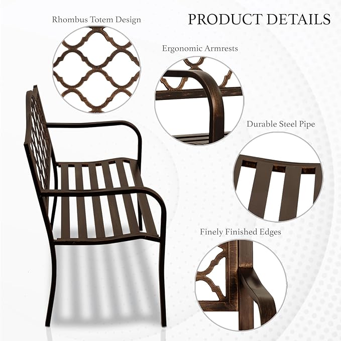 AJP Distributors 50" Outdoor Bench Garden Bench with Diamond Pattern Steel Metal Frame Park Bench Cast Iron Backrest Armrests for Patio Lawn Yard Deck Front Porch Backyard Driveway Balcony Furniture