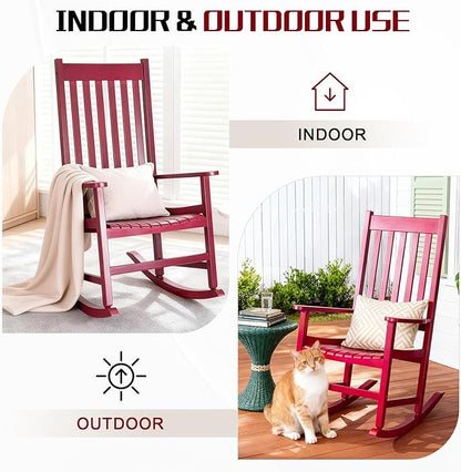 Outvita Outdoor Rocking Chair, Solid Wood High Back Rocker, All Weather Lounge Chair for Porch Patio Fire Pit Garden Backyard Deck Indoor, Red