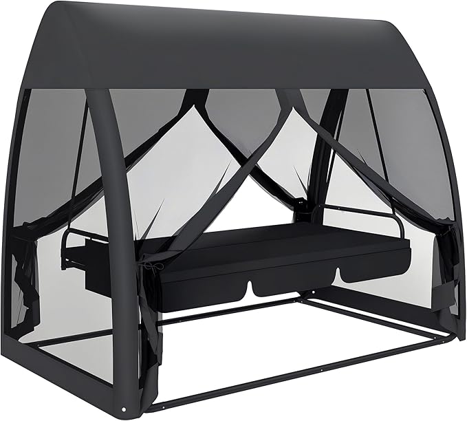Outsunny 3-Seat Patio Swing Chair, Porch Swing Bed with Convertible Backrest, Cushion, Canopy - Photo 1