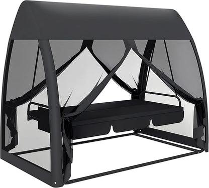 Outsunny 3-Seat Patio Swing Chair, Porch Swing Bed with Convertible Backrest, Cushion, Canopy, Side Pocket and Mesh Netting for Patio, Garden, Backyard, Gray