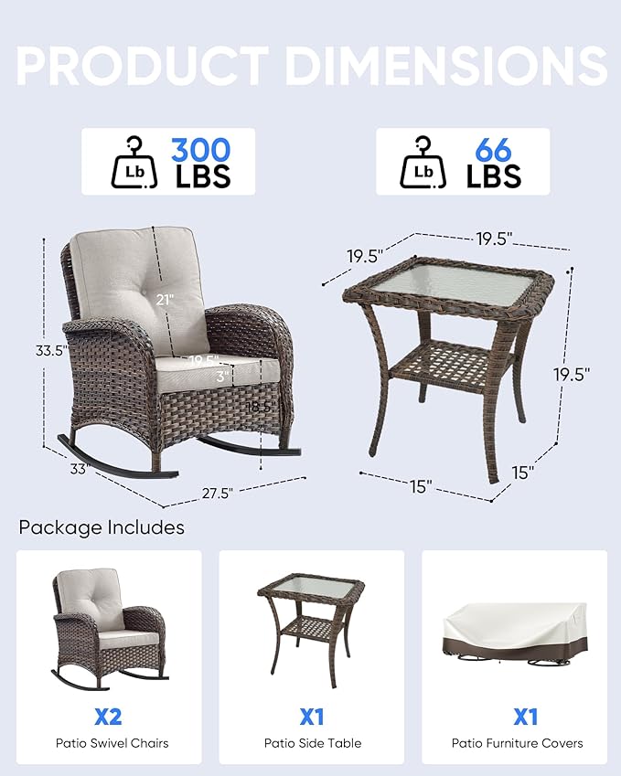 Outdoor Rocking Chairs Set of 2-Patio Table and Chairs Set Outdoor Conversation Furniture Sets for Deck Porch Garden - Photo 3