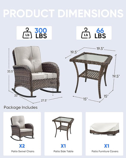 Outdoor Rocking Chairs Set of 2-Patio Table and Chairs Set Outdoor Conversation Furniture Sets for Deck Porch Garden Balcony Poolside-Brown/Beige