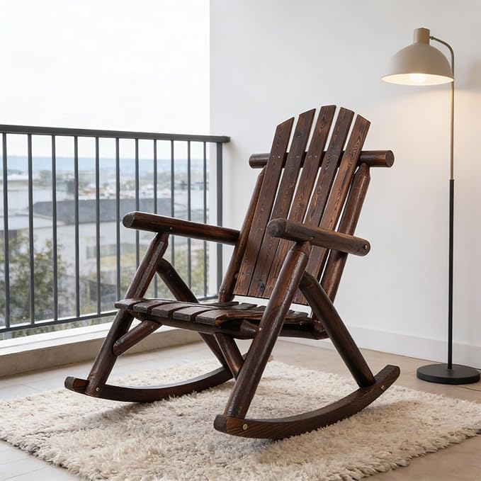 Adirondack Rocking Chair, Solid Fir Wood Patio Rocker with Ergonomic Comfort for Porch, Patio, Garden, Backyard(Brown)