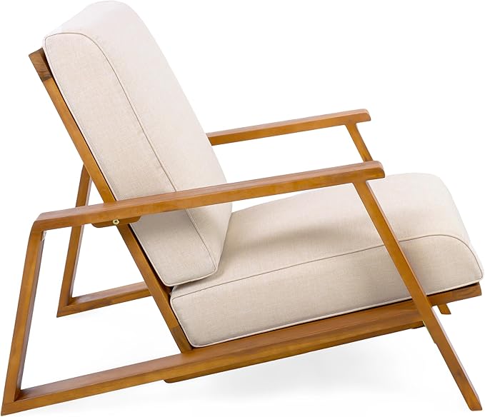 Christopher Knight Home Smeb Lounge Chair Outdoor with Cushions, Acacia Wood Adirondack Chair, Slatted Design Side Chair, Extra Seating for Balcony Backyard Poolside Garden, Teak + Beige