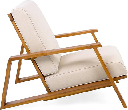 Christopher Knight Home Smeb Lounge Chair Outdoor with Cushions, Acacia Wood Adirondack Chair, Slatted Design Side Chair, Extra Seating for Balcony Backyard Poolside Garden, Teak + Beige