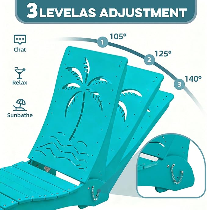 in Pool Lounge Chairs Set of 4, HDPE Pool Chaise Loungers for Sun Shelf up to 9 Inches, Fade-Resistant, 3-Position Adjustable Backrest with Headrest, Ergonomic Poolside Lounger, Teak