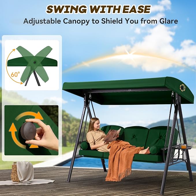 3 in 1 Outdoor Porch Swing with Canopy, 3 Seat Outdoor Swing for Adults, Patio Swing Chair with Thickened Cushions - Photo 3