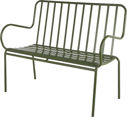 Deco 79 Metal Patio Outdoor Bench Slatted Patio Bench with Curved Armrests, Bench 44" x 22" x 36", Green