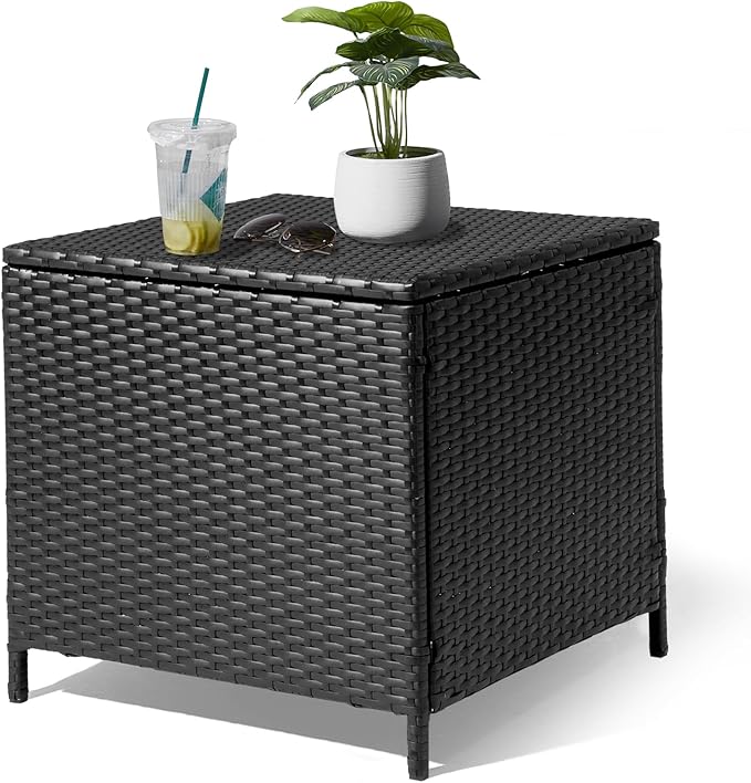 Outdoor PE Wicker Side Table with Storage, Patio Rattan End Table Square Container for Furniture Covers, Gardening Tools