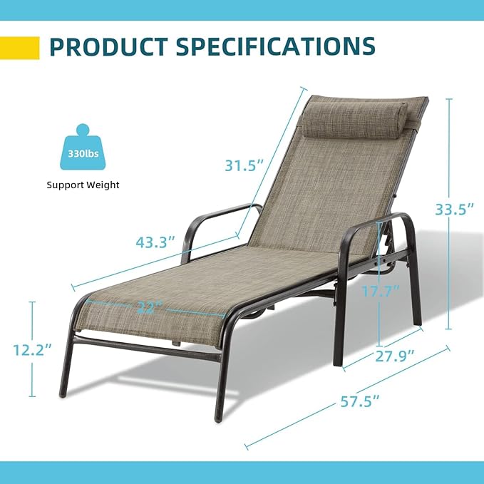 EROMMY Patio Lounge Chairs Set of 2, All-Weather Waterproof Upgraded Outdoor Pool Chaise Lounge Chairs with Adjustable Backrest for Beach Yard Poolside