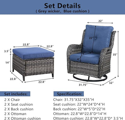 Belord Outdoor Swivel Chairs Set of 2,Patio Wicker Rocker Chairs with Ottomans, All Weather Patio Conversation Furniture Set, Ideal for Porch Balcony Deck Yard, Gray Wicker/Blue