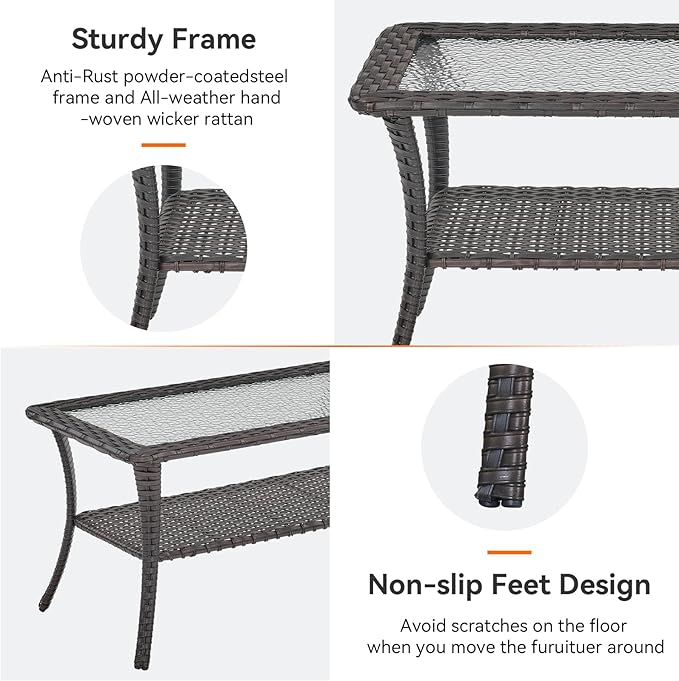 Outdoor Coffee Table - Patio Rattan Wicker Coffee Table with Tempered Glass Top and 2-Tier Storage Outdoor Table for Deck Porch Balcony Garden - Brown